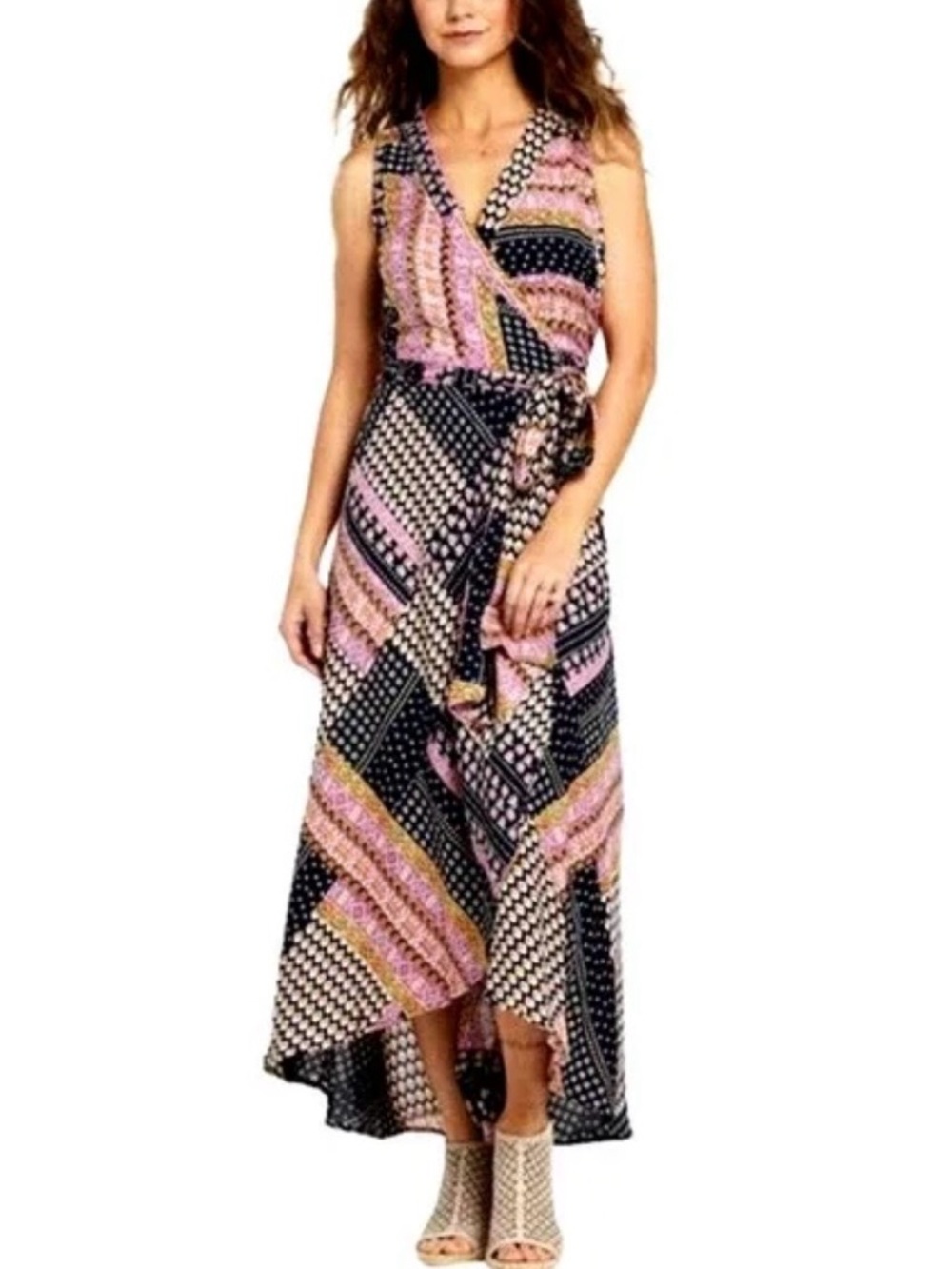 Anthropologie | RAGA | Pink & Black Hadley Patchwork A-Symmetrical Wrap Dress